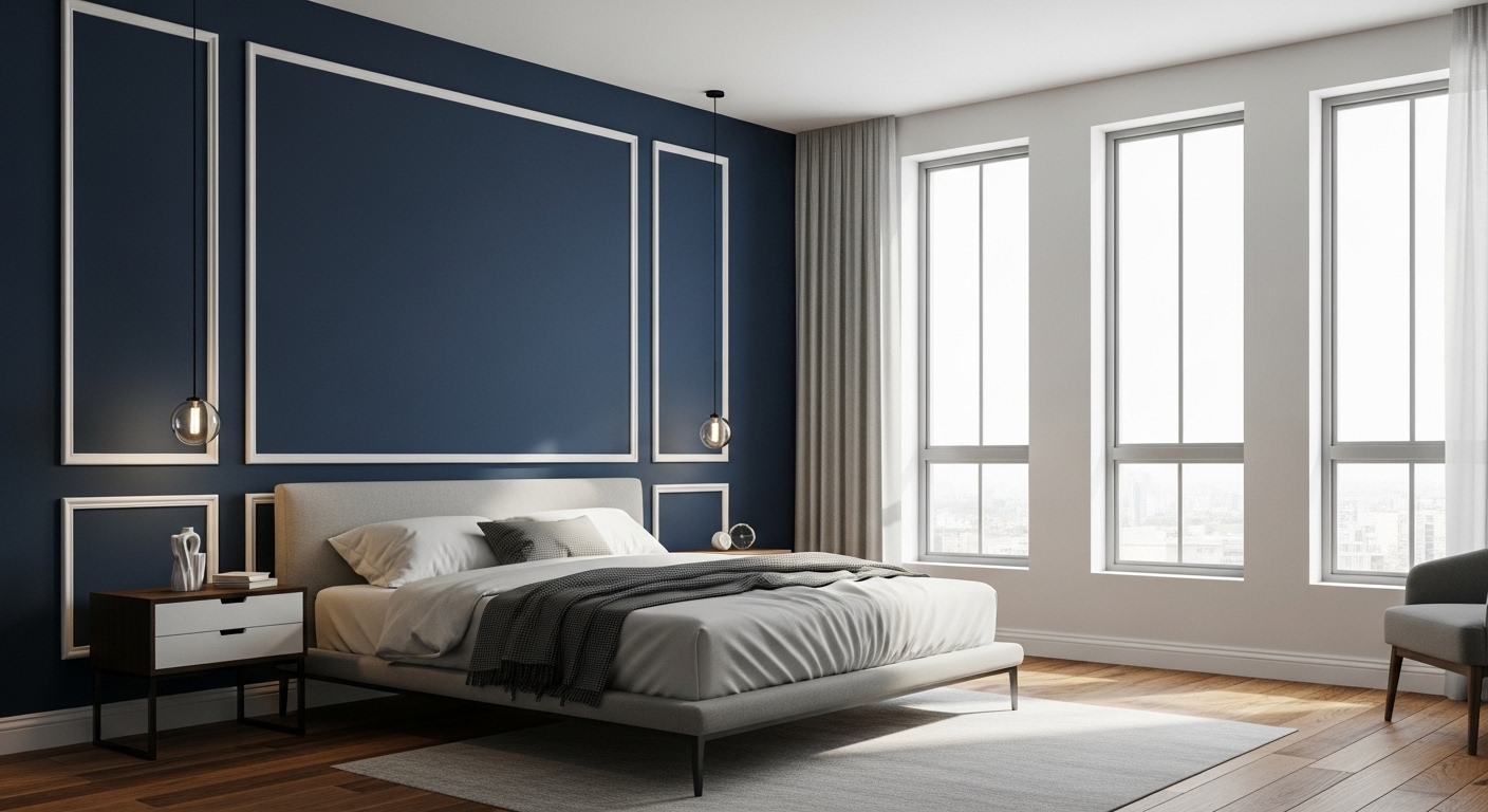 A modern bedroom features a deep blue wall with white molding, a grey bed, and large windows with light curtains.