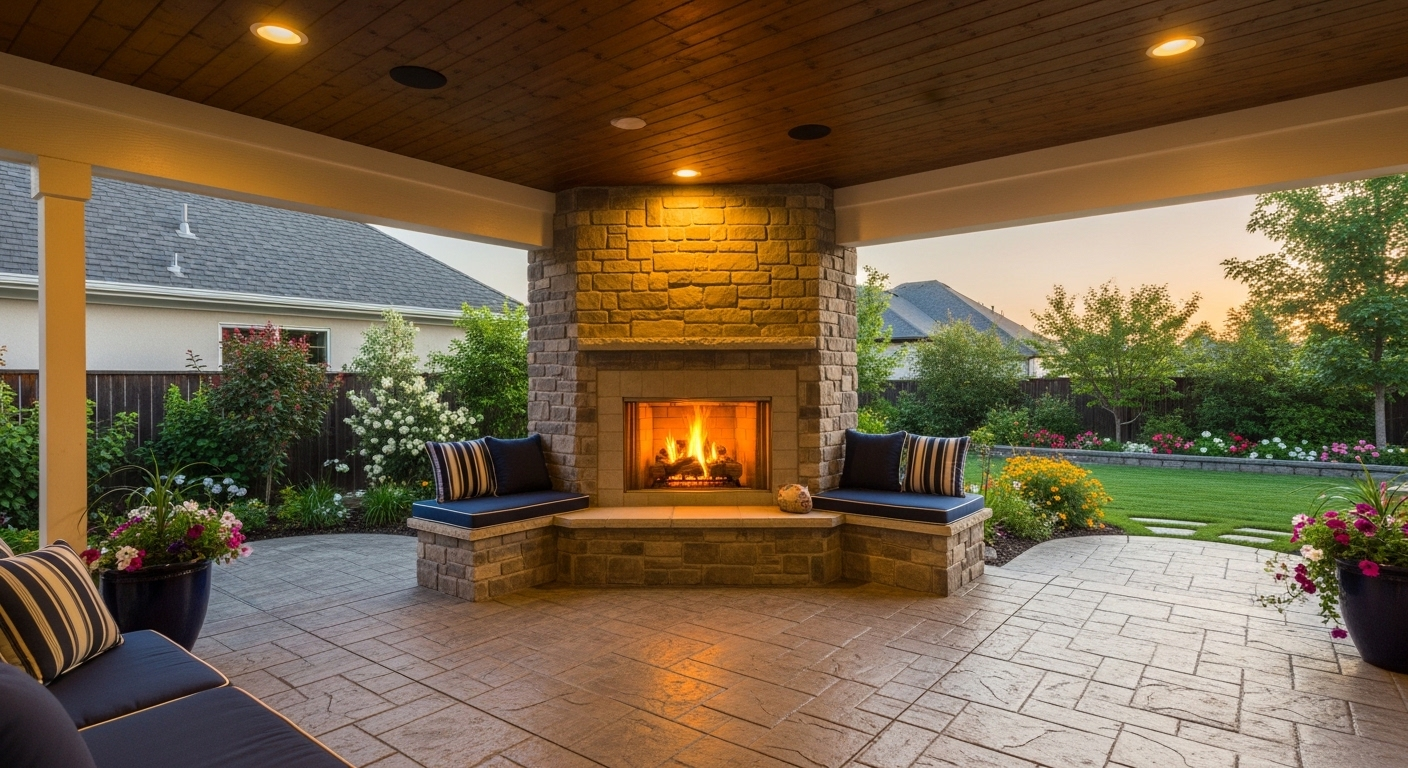 A cozy covered patio featuring a stone fireplace with built-in seating, overlooking a lush garden at sunset.