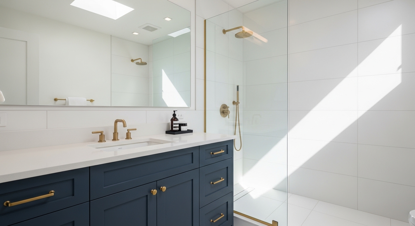 A modern bathroom featuring a dark blue vanity with gold hardware, a white countertop, and a walk-in glass shower.