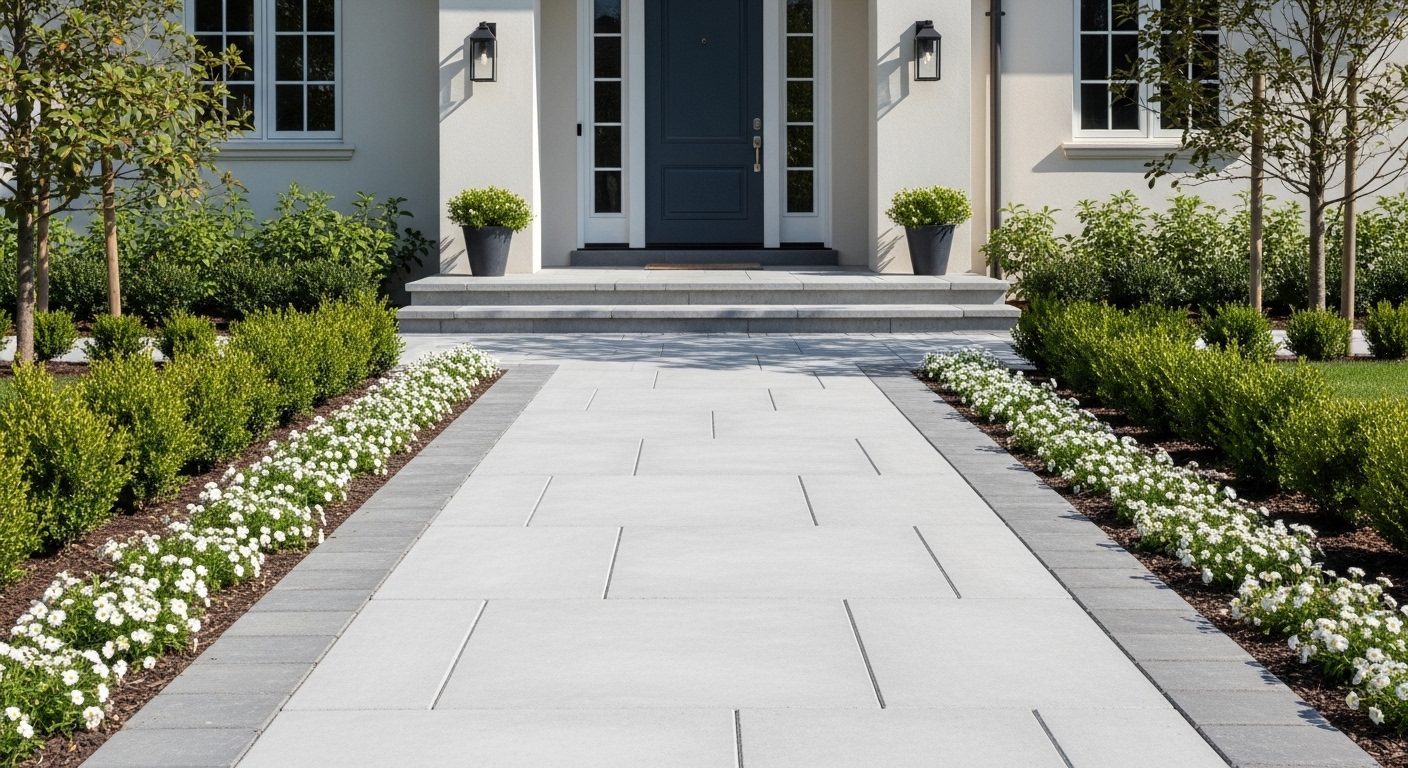 A straight stone walkway leads to a white house entrance, flanked by low green hedges and small white flower borders.