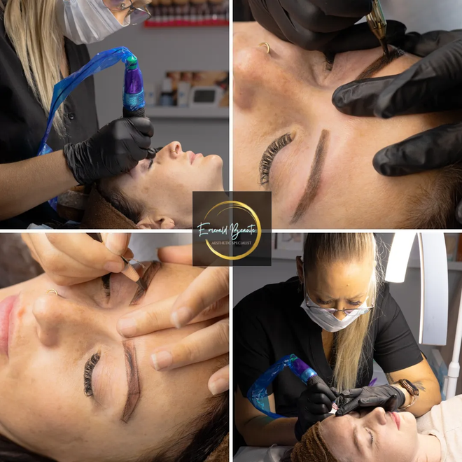 Cosmetologist applying permanent makeup to eyebrows with a handheld tool in a beauty salon collage