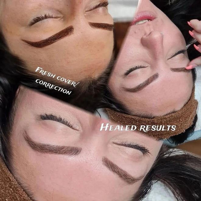 Three close-up faces with eyebrow correction results labeled “fresh cover correction” and “healed results”