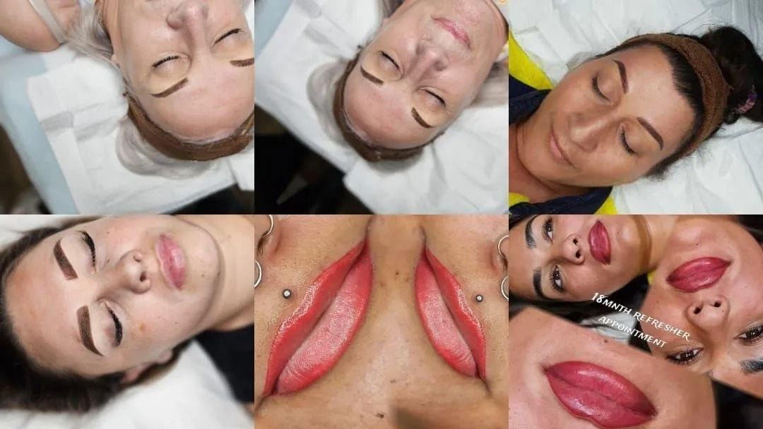 Collage of facial spa treatments, showing closed eyes, red lip care, and waxing on a woman’s face