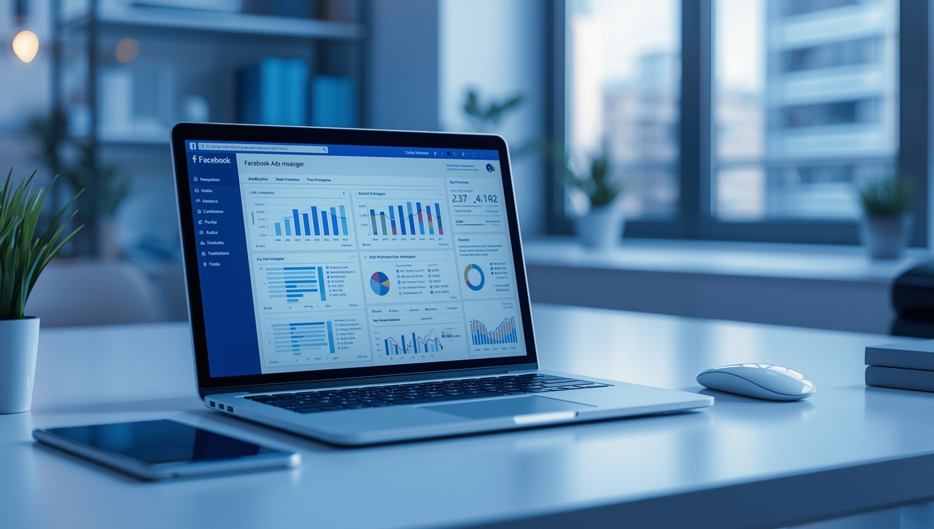 Laptop showing Facebook Ads analytics with low conversion charts, representing poor ad performance a