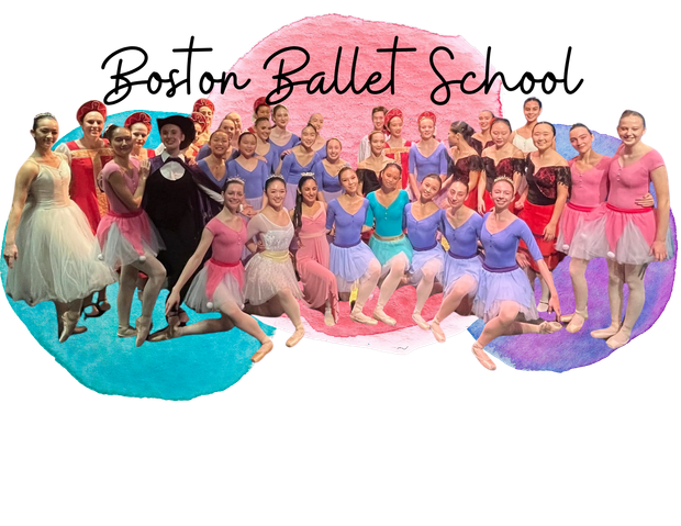 Photo of ballet dancers from Boston Ballet School, dressed in pink, purple, teal, and red ballet costumes.