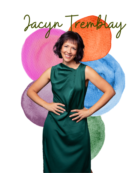 Photo of concert soloist Jacyn Tremblay, dressed in a dark green gown with her hands on her hips. Watercolor circles in shades of pink, orange, purple, blue, and green are behind her.