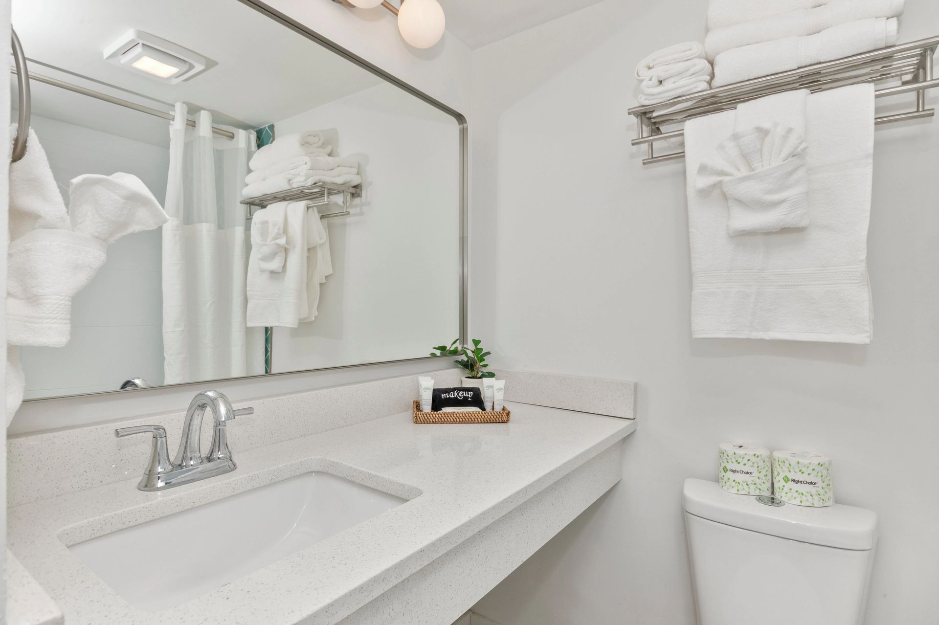 Bright white bathroom vanity with mirror, sink, towels, and a small plant on the counter