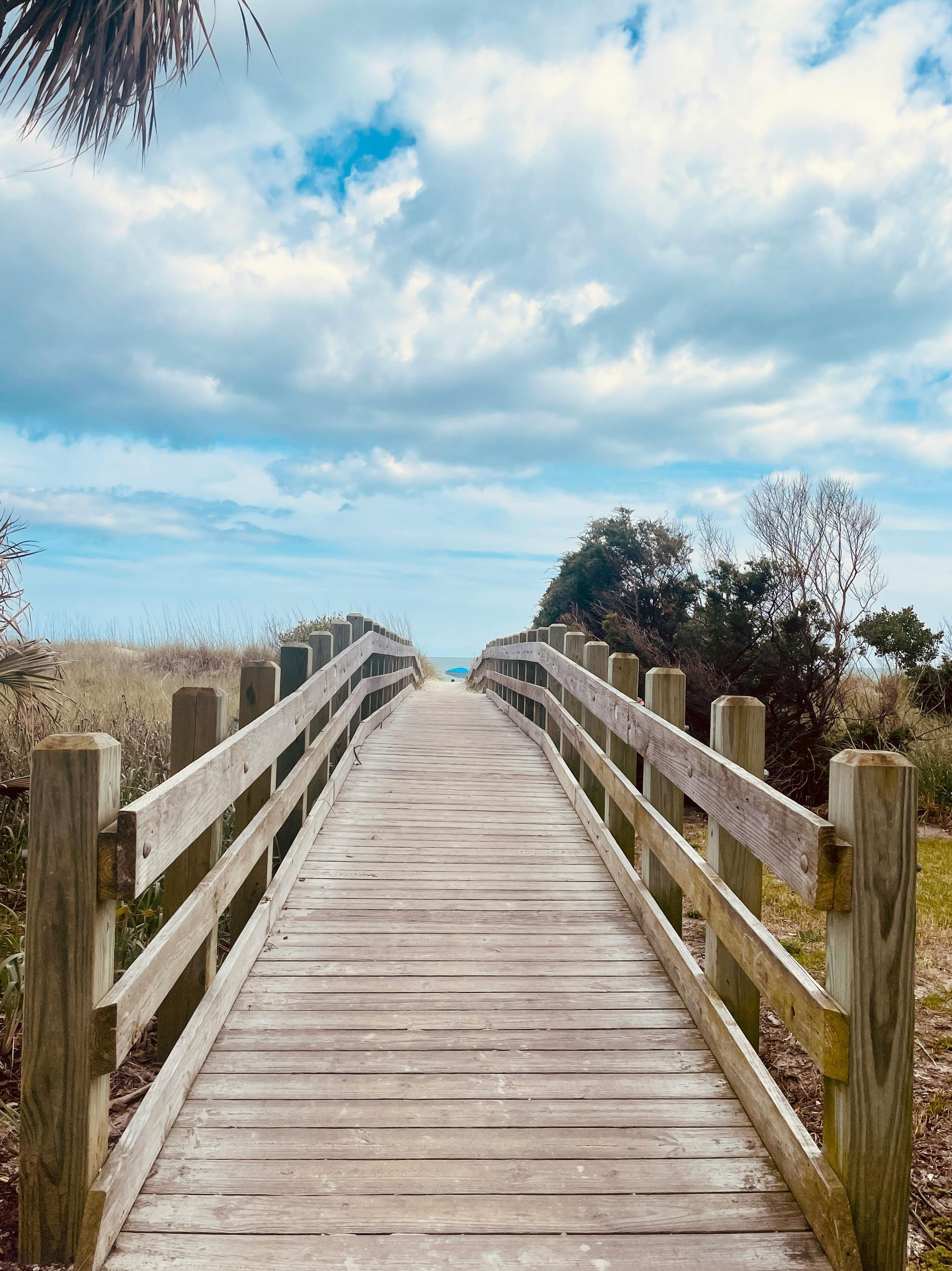 Wooden boardwalk path through coastal dunes under a cloudy blue sky