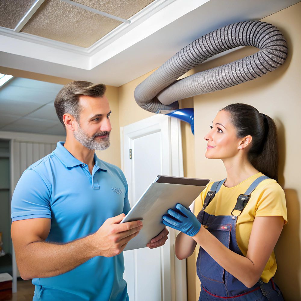 Man and woman inspecting ventilation system with clipboard, inside a building.