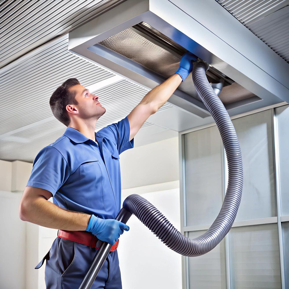 Man in blue uniform cleaning a ceiling vent with a vacuum hose.
