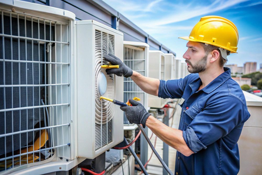 HVAC technician in yellow hard hat working on an AC unit on a rooftop.