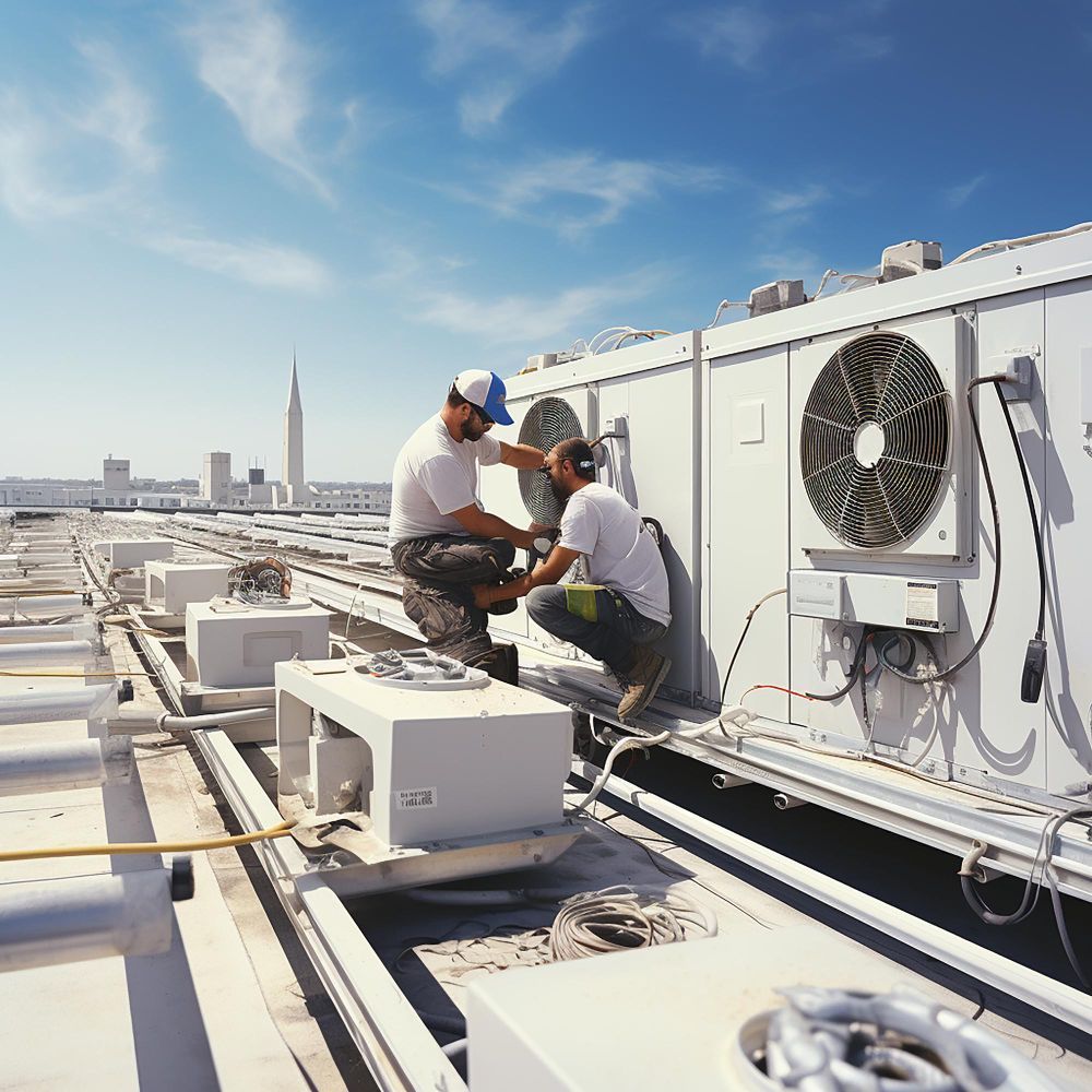 Two workers repair rooftop HVAC units on a building, under a blue sky, cityscape in the distance.
