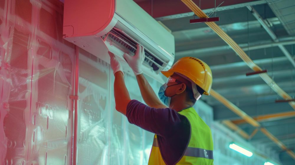 HVAC technician in hardhat and vest working on an air conditioner indoors.