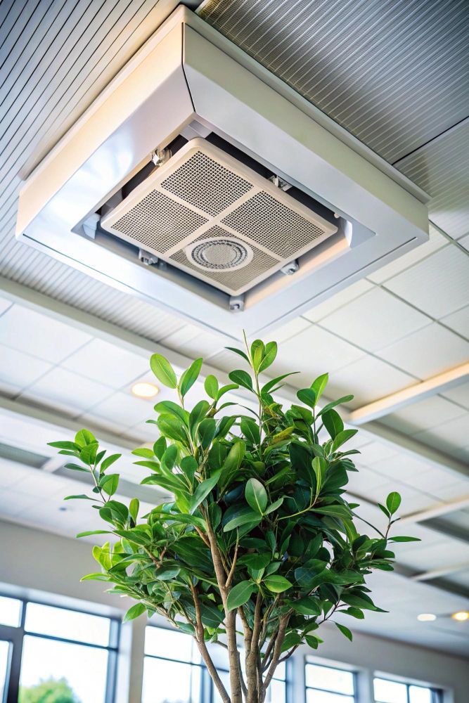 Ceiling air conditioning unit above a leafy green plant indoors, natural light.