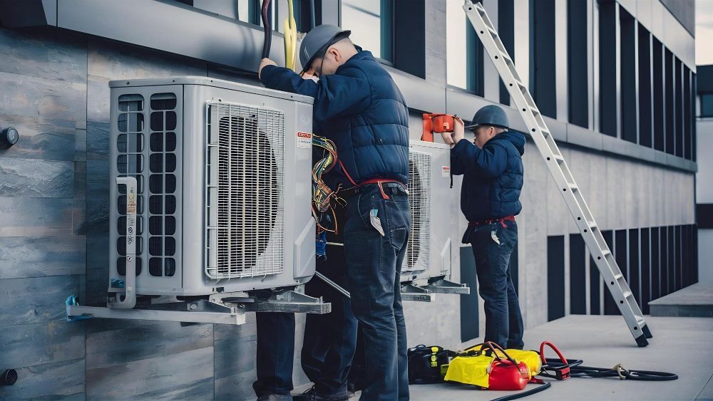 Two HVAC technicians working on outdoor air conditioning units mounted on a building.