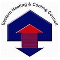 Eastern Heating & Cooling Council logo: blue house shape with red up arrow and down arrow. Text arcs around the logo.