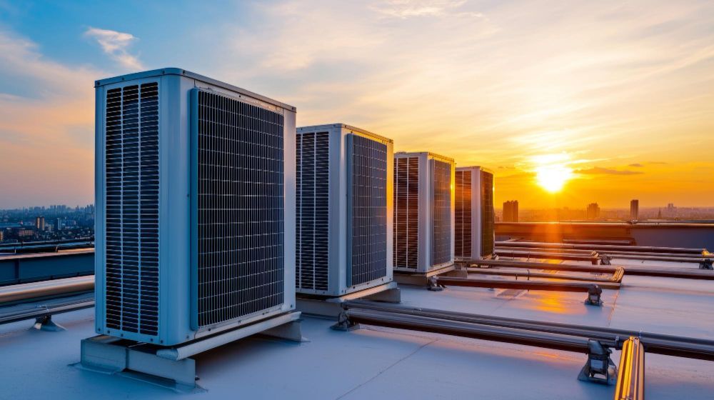 Air conditioning units on a rooftop at sunset.