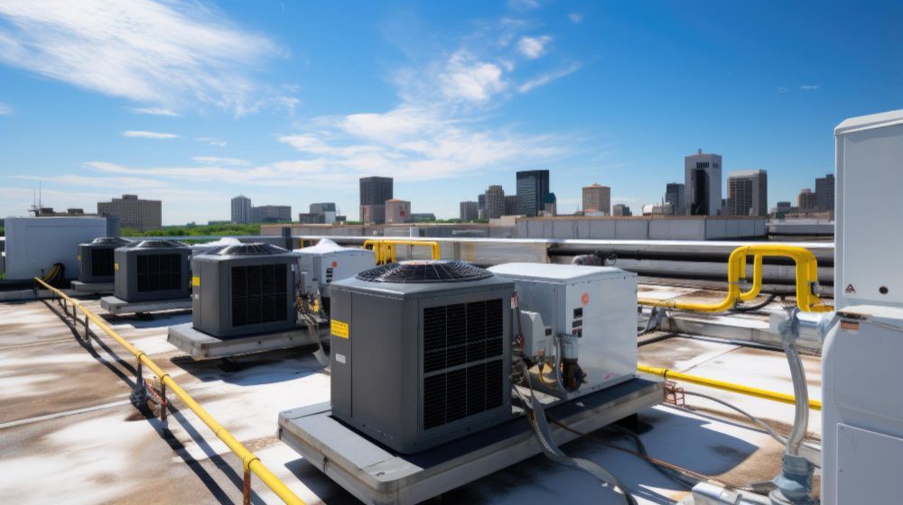 Rooftop air conditioning units with city skyline in the background on a sunny day.