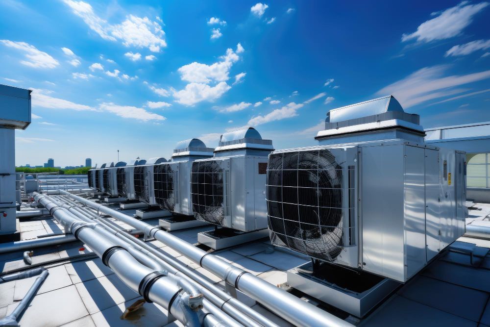 Rooftop view of several large air conditioning units, silver metal, with piping and a blue sky.