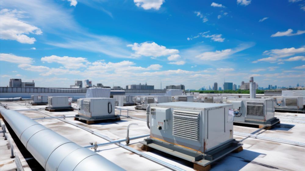 Rooftop with air conditioning units and large pipes against a blue sky, cityscape in the distance.