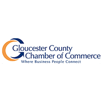 Gloucester County Chamber of Commerce logo with blue and orange crescent shape around 
