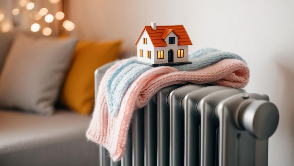 Toy house on radiator with cozy sweaters; soft background bokeh.