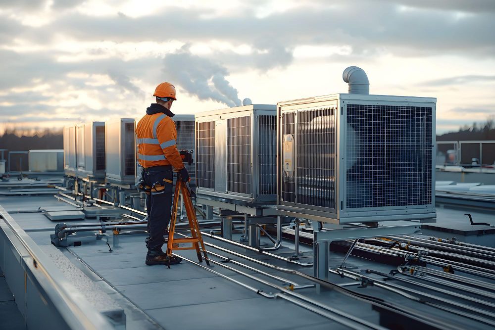 HVAC technician in safety gear inspects rooftop air conditioning units on a cloudy day.