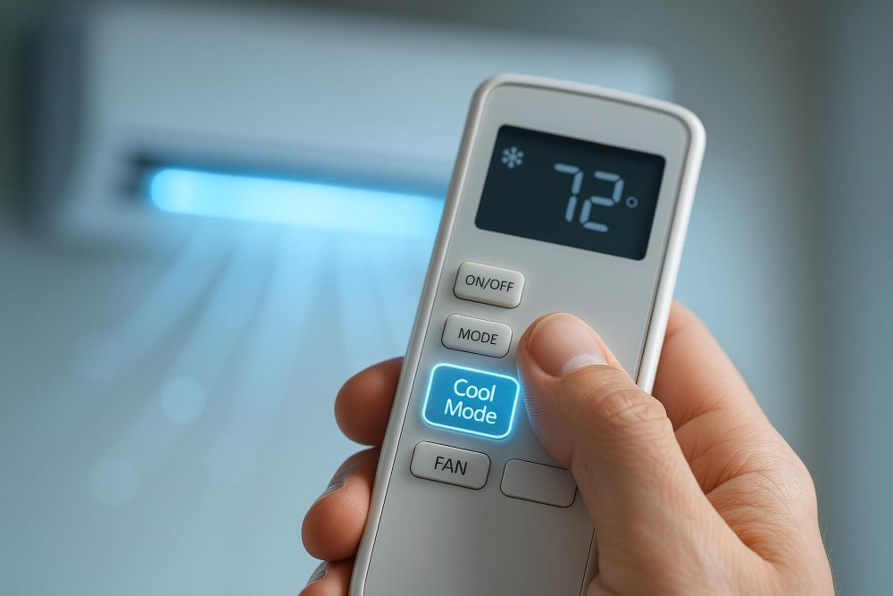 Hand holding AC remote, pressing