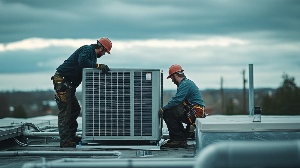 Two workers on a rooftop installing an HVAC unit. Cloudy sky, wearing hard hats and work gear.