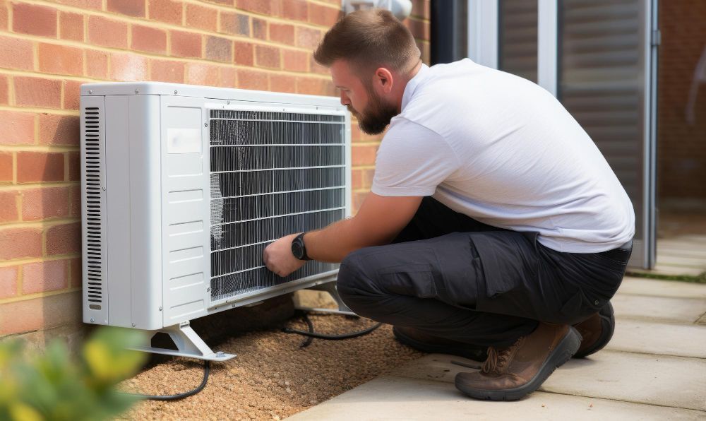 Man inspecting an air conditioning unit mounted on a brick wall outdoors.