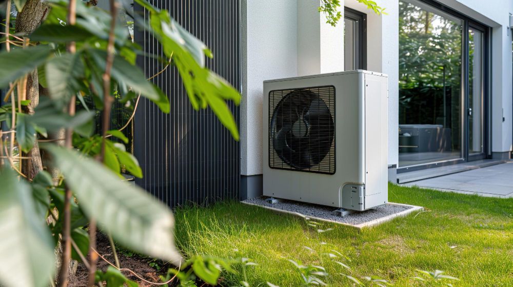 White heat pump unit on a grassy area next to a building and greenery.