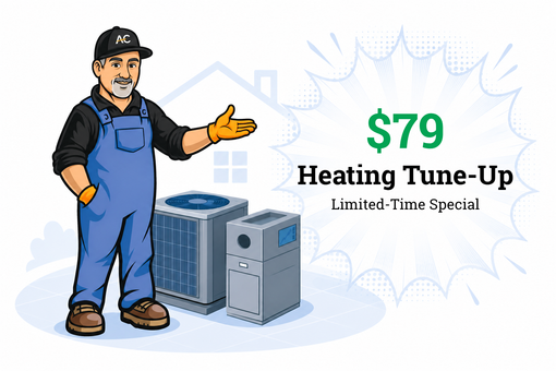 HVAC technician holding a screwdriver, near air conditioning units; $79 tune-up special.