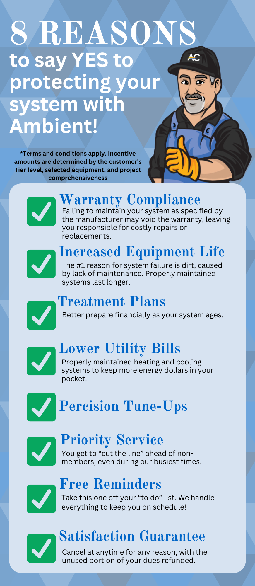 Advertisement: Man gives thumbs up with 8 reasons to protect HVAC system. Includes warranty, lower bills.