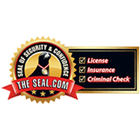 Seal of Security logo with seal holding a medal, and text verifying license, insurance, and criminal check.