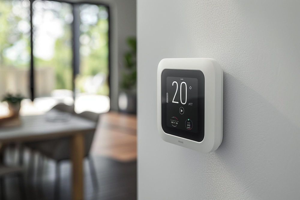 White smart thermostat on a gray wall, displaying the temperature with a blurred living area in the background.
