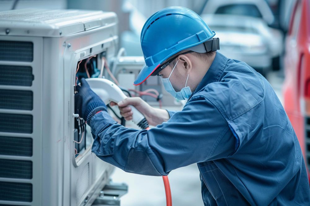 HVAC technician in blue overalls, hard hat, and mask repairs air conditioning unit outdoors.
