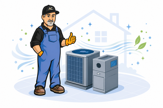 HVAC technician with clipboard and document, standing next to AC unit and furnace in front of a house outline.