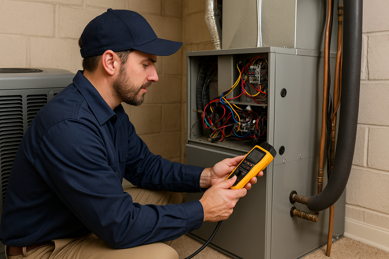 HVAC technician using a meter on a furnace. Dark blue shirt, cap, light-colored wall.