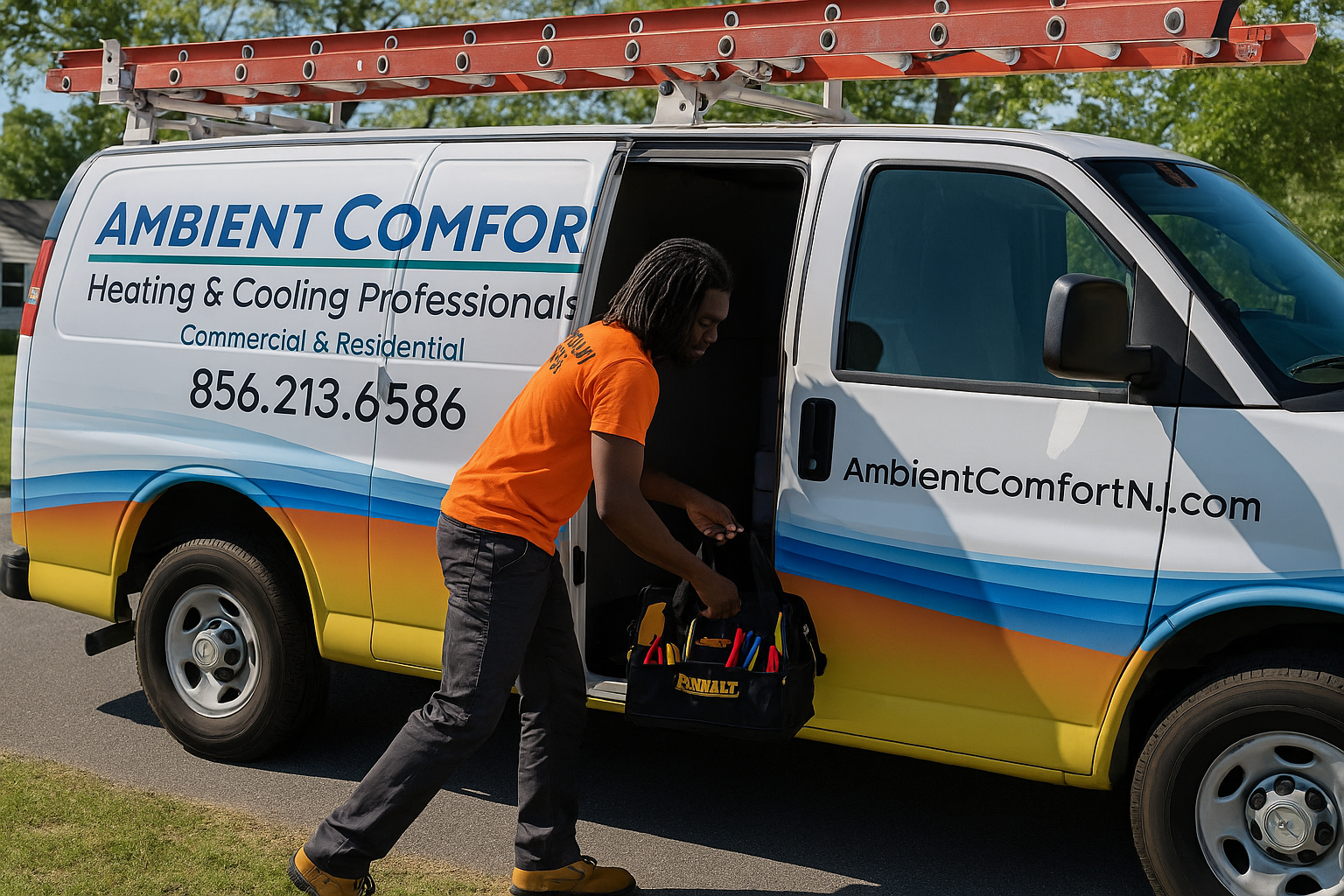 HVAC technician exiting a white van with tools. Van has logo