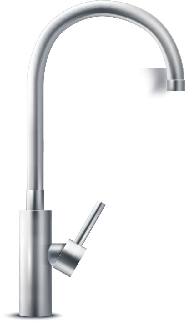 Silver kitchen faucet with a curved spout and lever handle.