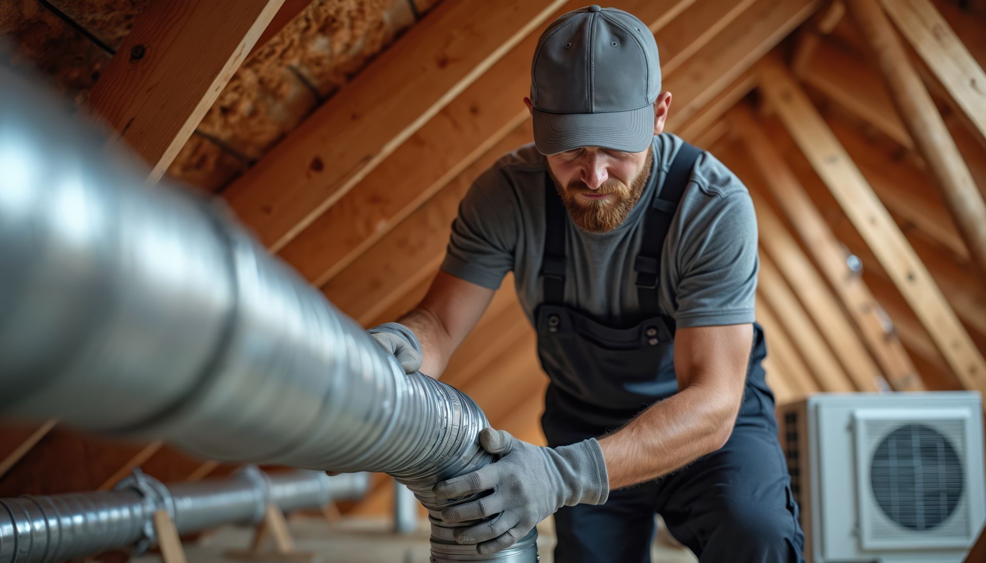 HVAC technician on a rooftop, working on an air conditioning unit; city skyline in background.
