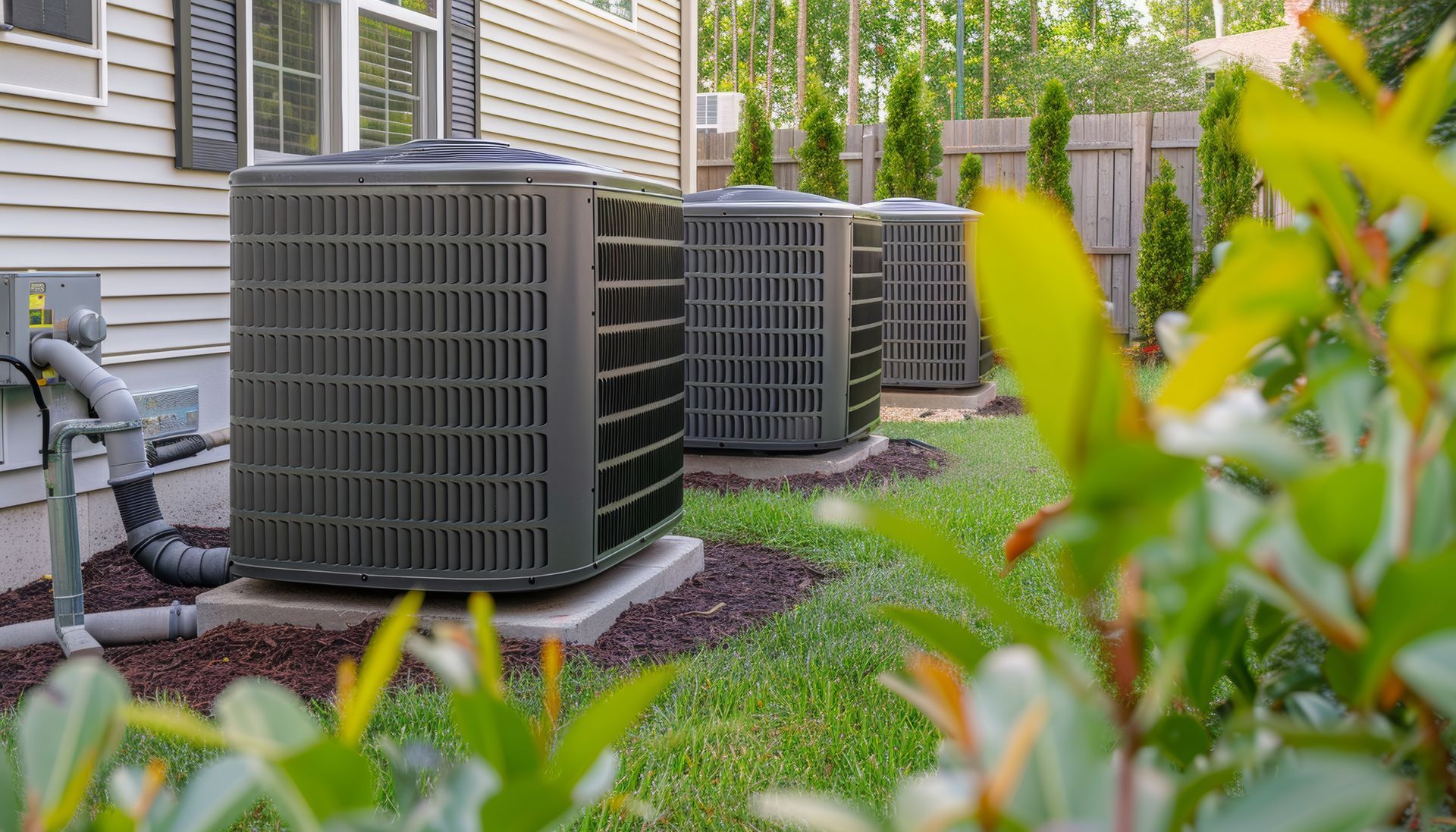 Three dark air conditioning units in a grassy yard, near a house with gray siding.