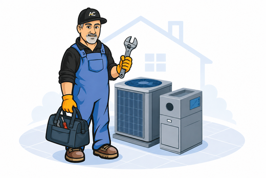 Technician holding a card, standing near HVAC equipment, offering a Platinum service plan, 1st month free.