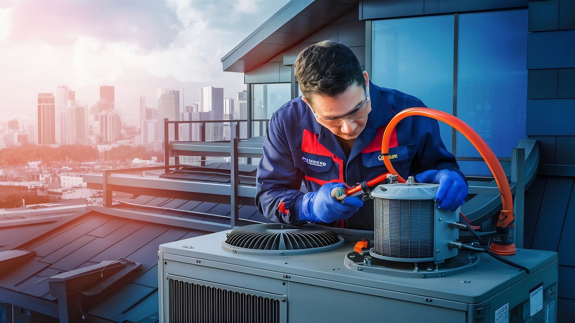 HVAC technician repairing an air conditioning unit on a rooftop, with a city skyline in the background.