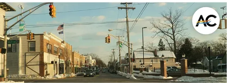 Street view on a snowy day with buildings and traffic lights.