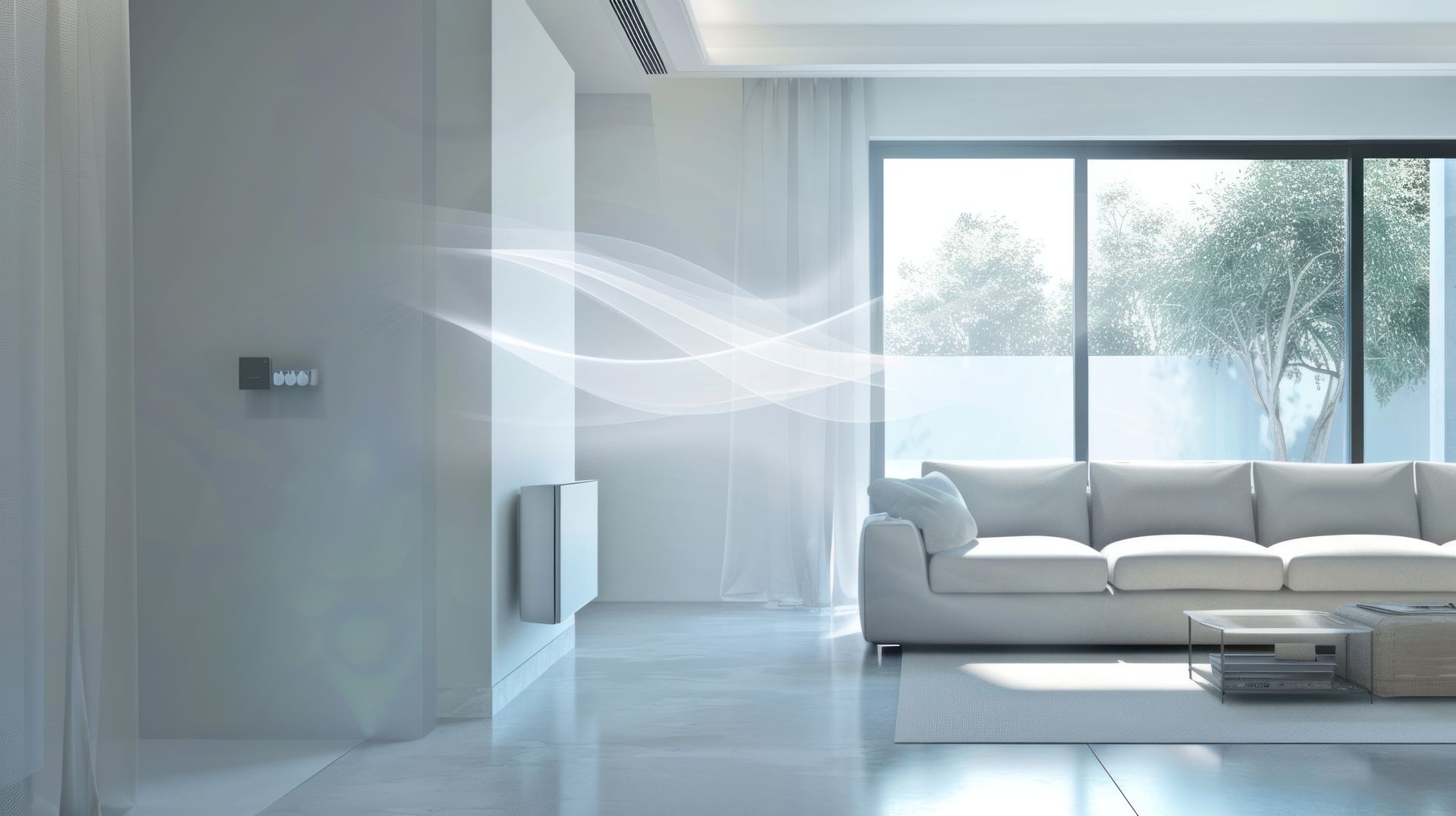 Modern white living room with air flow lines. A white sofa, windows, and minimalist decor.