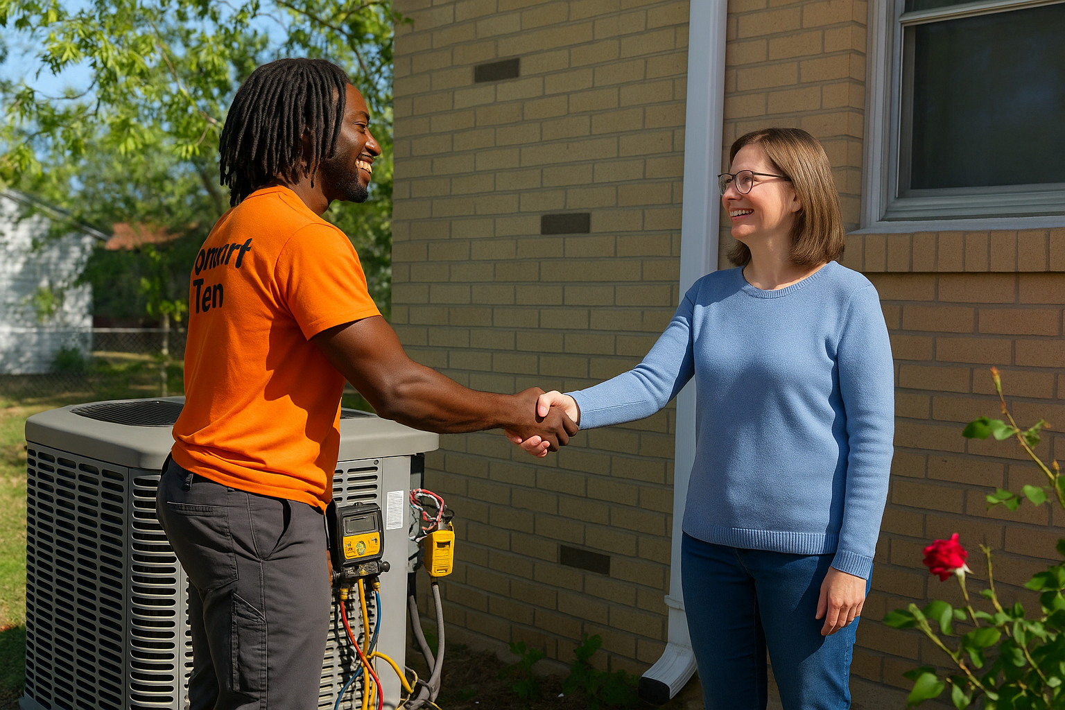 HVAC technician shakes hands with a homeowner next to an air conditioning unit.