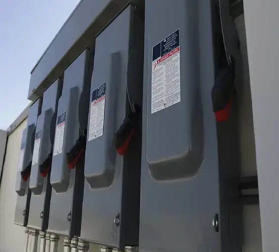 A row of electrical boxes are lined up on the side of a building