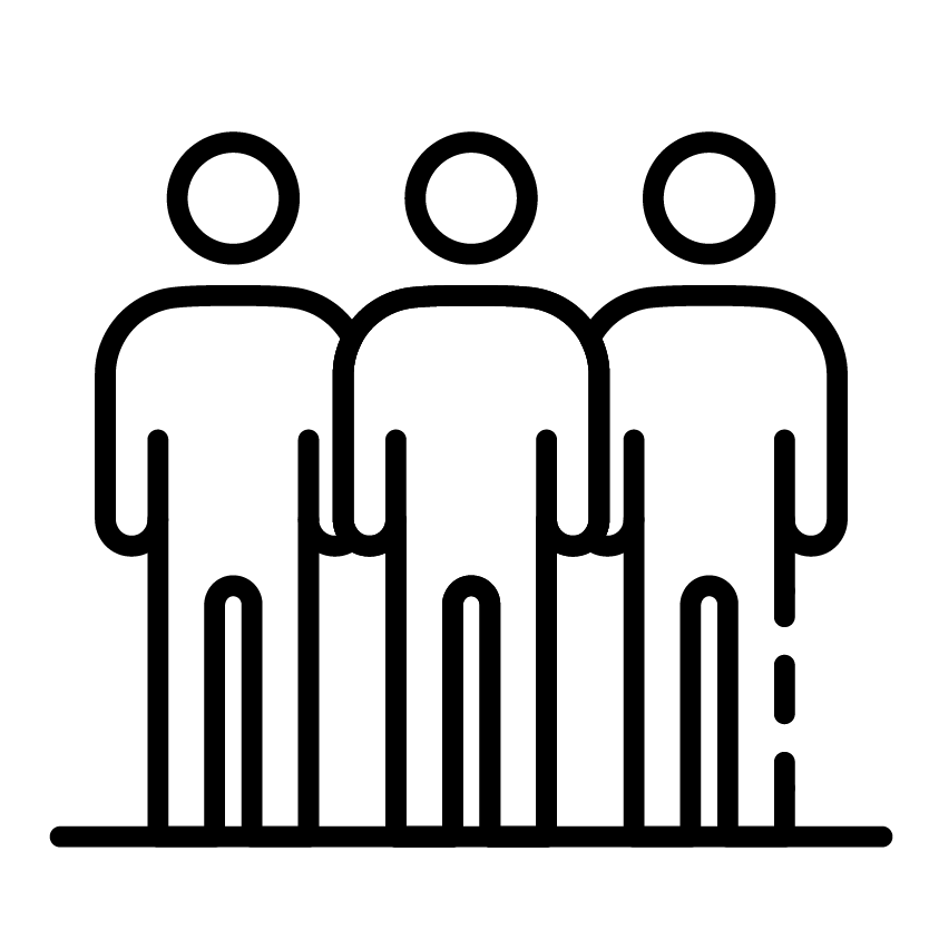 three people are standing next to each other in a line.