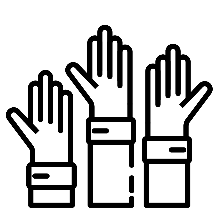 three hands are raised in the air in a line icon .